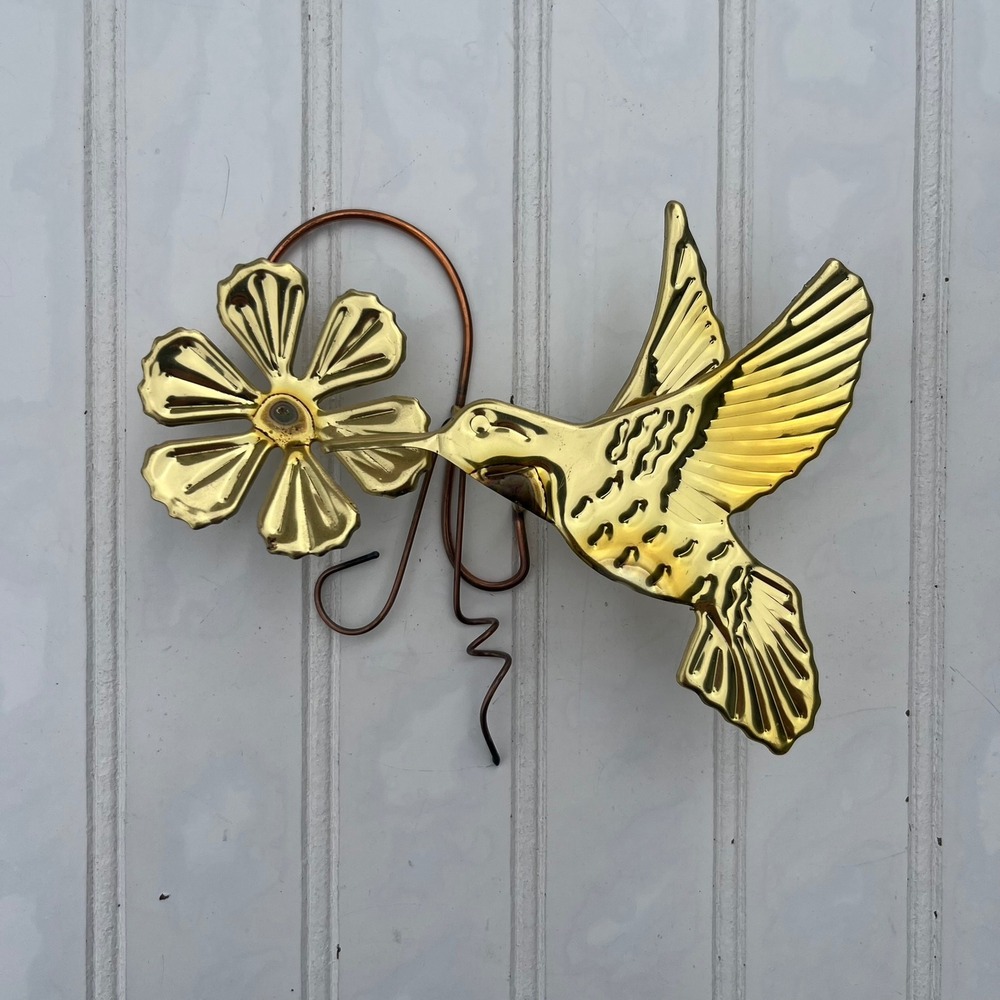 Vintage Brass Hummingbird Flower Wall Hanging Sculpture Gold Metal Art Decor
